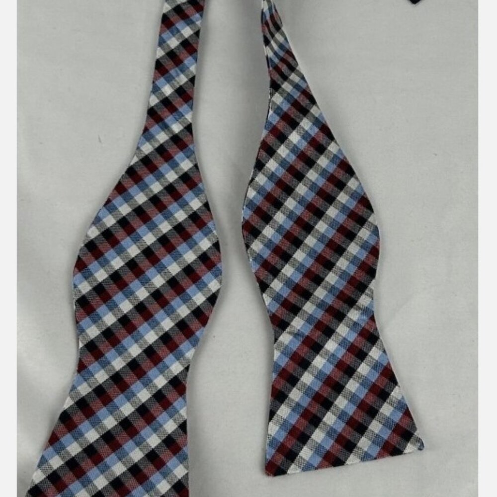 NWT Cremieux Red Blue Checked Plaid 100% Silk Bow Tie Textured Adjustable